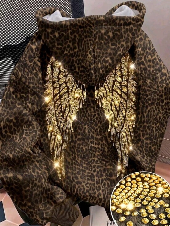 Tops - Women's Black Rhinestone Wing Sequin Hooded Sweatshirt, Cute Women's Autumn Back